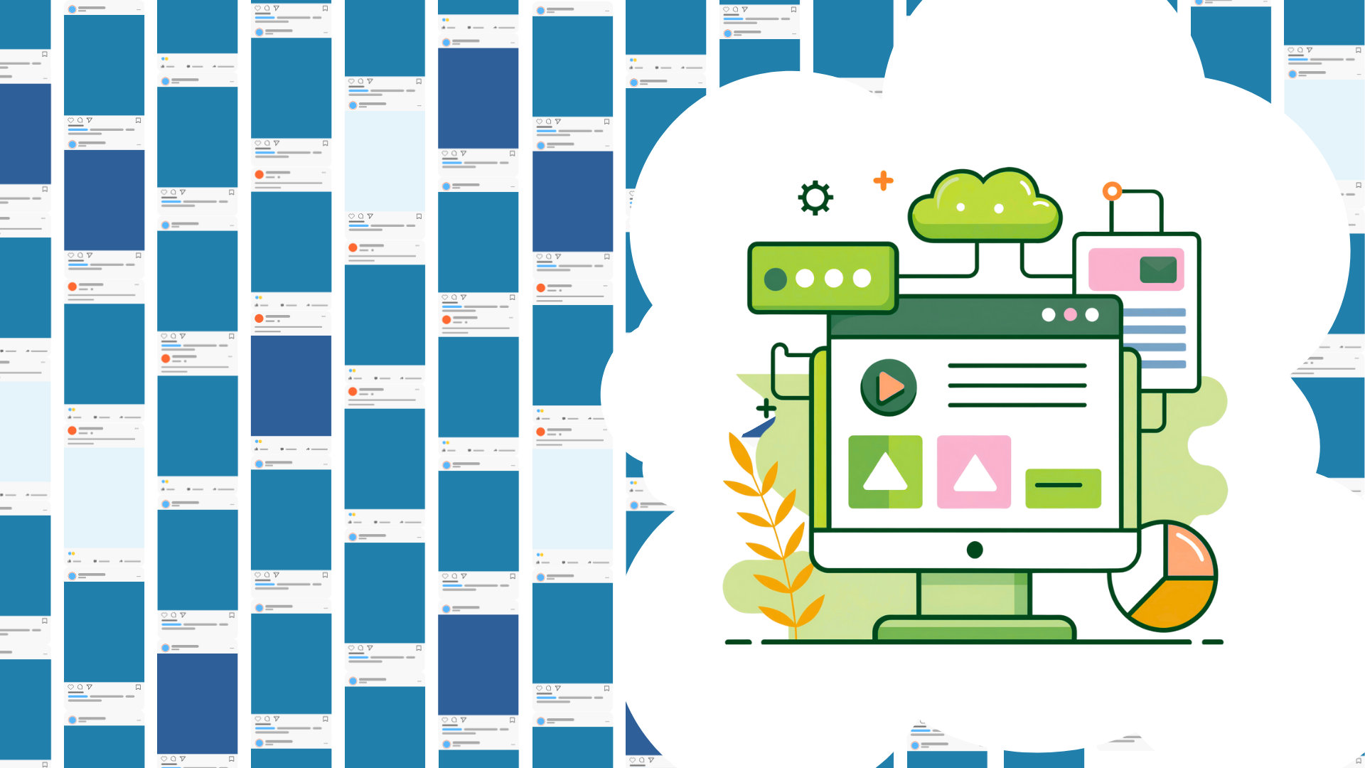 พื้นหลังเป็นฟีดโซเชียลมีเดีย เหมือนๆ กัน เรียงติดกันเป็นพรืด ตรงกลางของภาพมีพื้นที่สีขาวแหวกออกมา สว่างออร่ามาจากภาพแสดงของเว็บไซต์ ที่โดดเด่นสว่างจ้าท่ามกลางดงของที่เหมือนกันไปหมด
